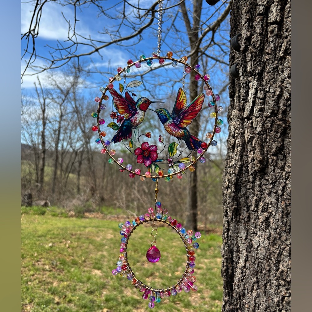 Hand Crafted Multicolor Hummingbird Glass Wall Hanging